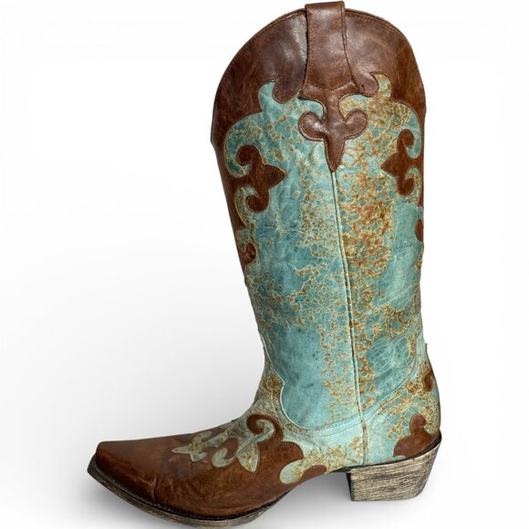 Lane Turquoise Brown Snip Toe Leather Cowboy Western Cowgirl Boots Women's 10.5 - Picture 5 of 13